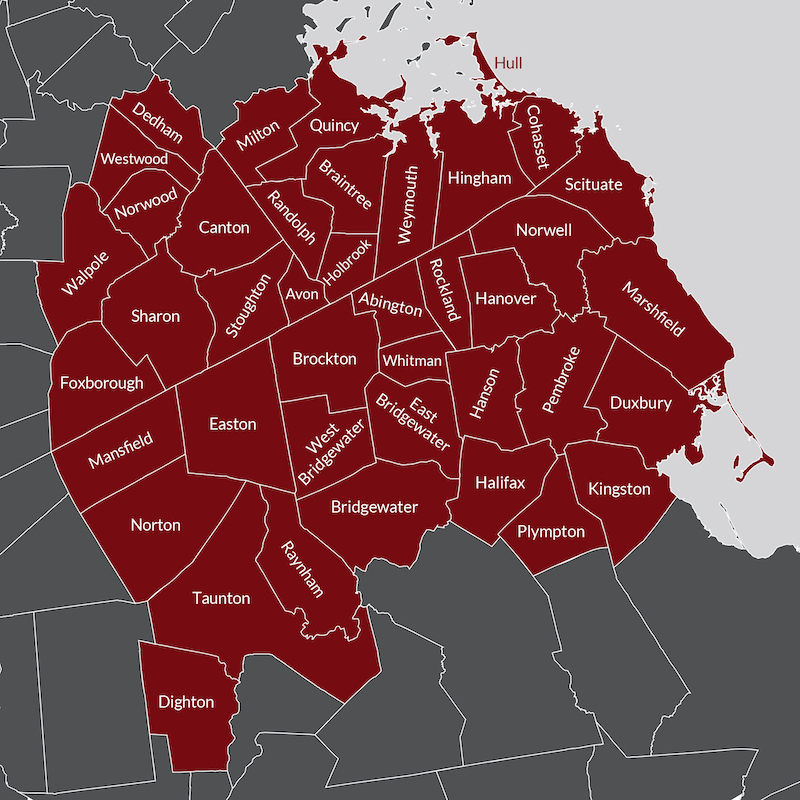 Bridgewater Fuel Oil Service and Delivery Area Map for the Massachusetts South Shore
